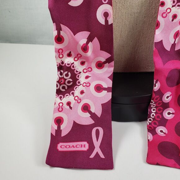 COACH Breast Cancer Awareness Slim Scarf Signature Logo Pink Red Silk Reversible - Picture 13 of 16